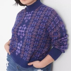 Lane Bryant Blue and Pink Patterned Mock Neck Oversized Cozy Sweater